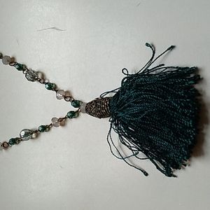 Vintage Tassel Necklace,  color Green and White Beads